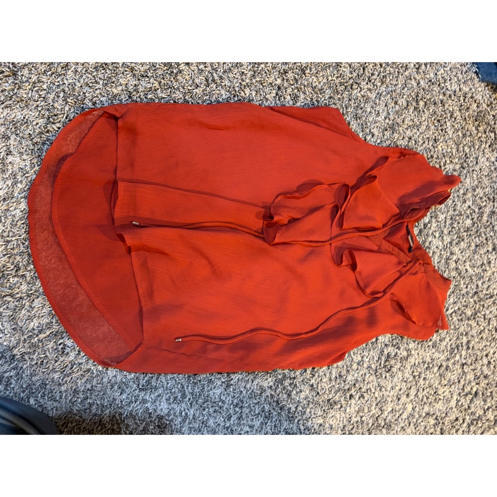 Tommy Hilfiger Women Rust Orange Ruffle Neck Sleeveless Chiffon Blouse Small
